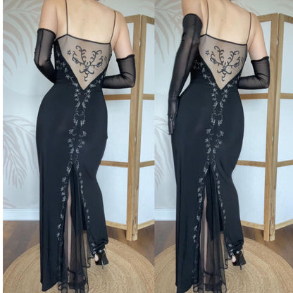 Black 90s stretch floral embroidered evening dress UK 14