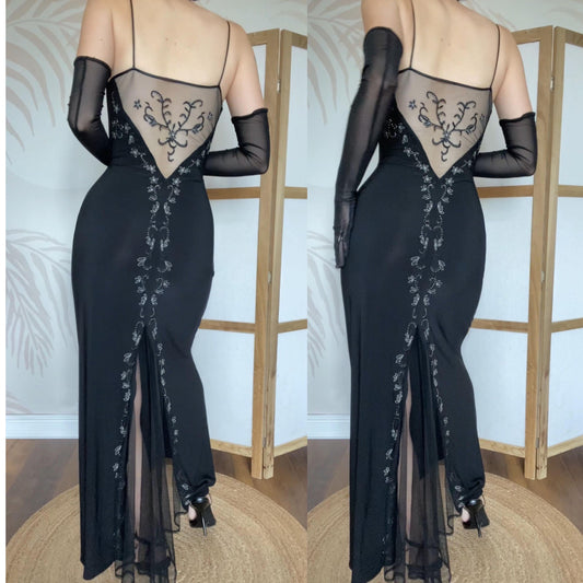 Black 90s stretch floral embroidered evening dress UK 14