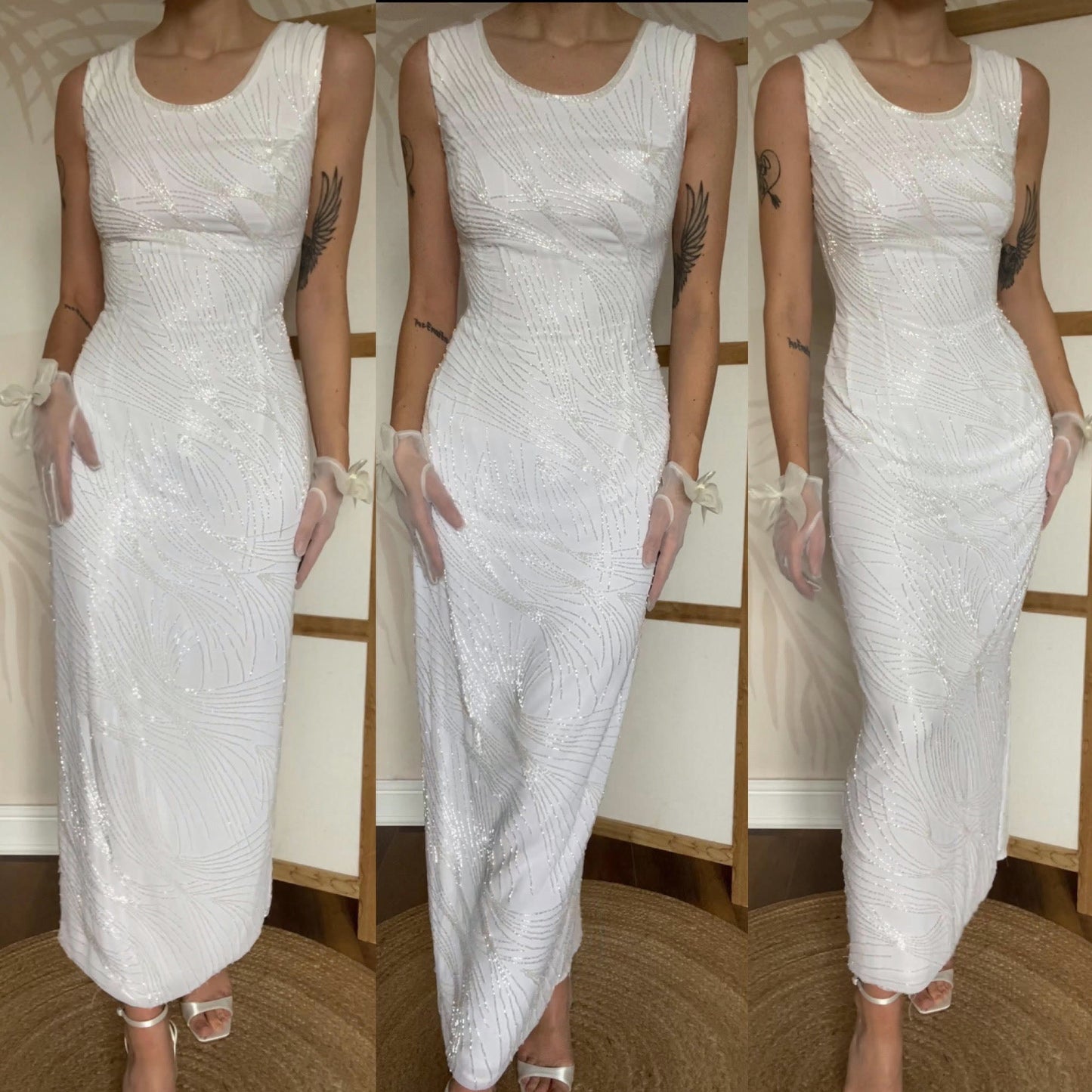 Frank Usher vintage white heavily beaded wedding dress UK 16