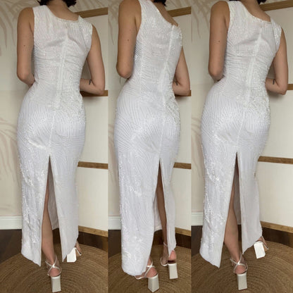 Frank Usher vintage white heavily beaded wedding dress UK 16