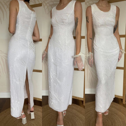 Frank Usher vintage white heavily beaded wedding dress UK 16