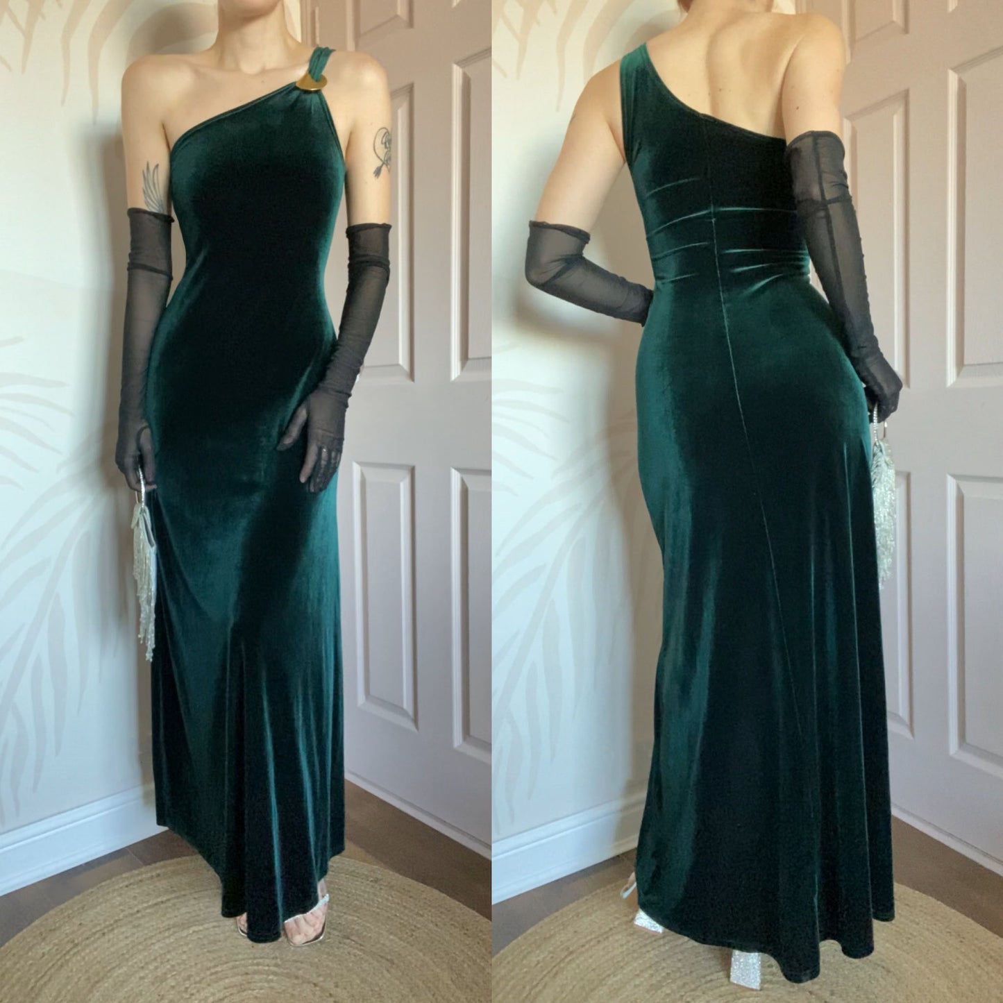 Gina Bacconi green velvet one shoulder evening dress UK 10