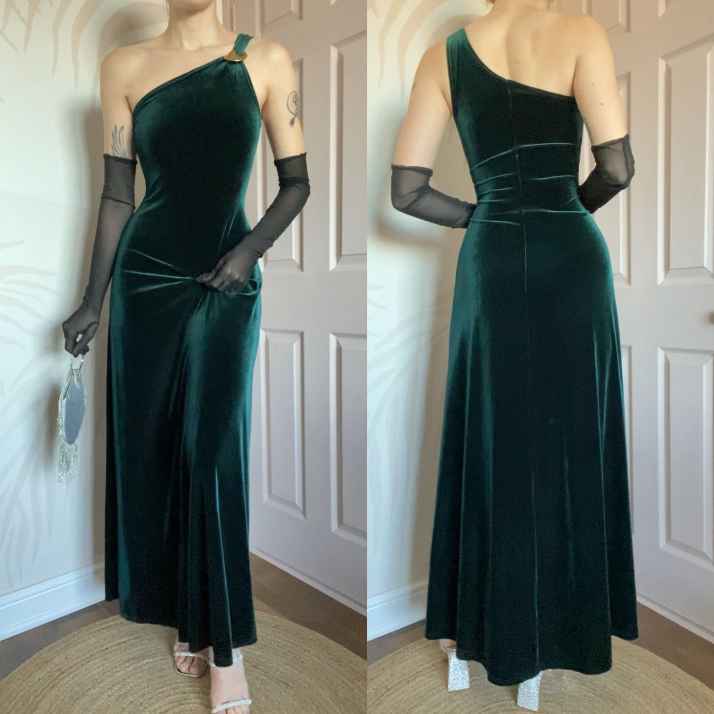 Gina Bacconi green velvet one shoulder evening dress UK 10