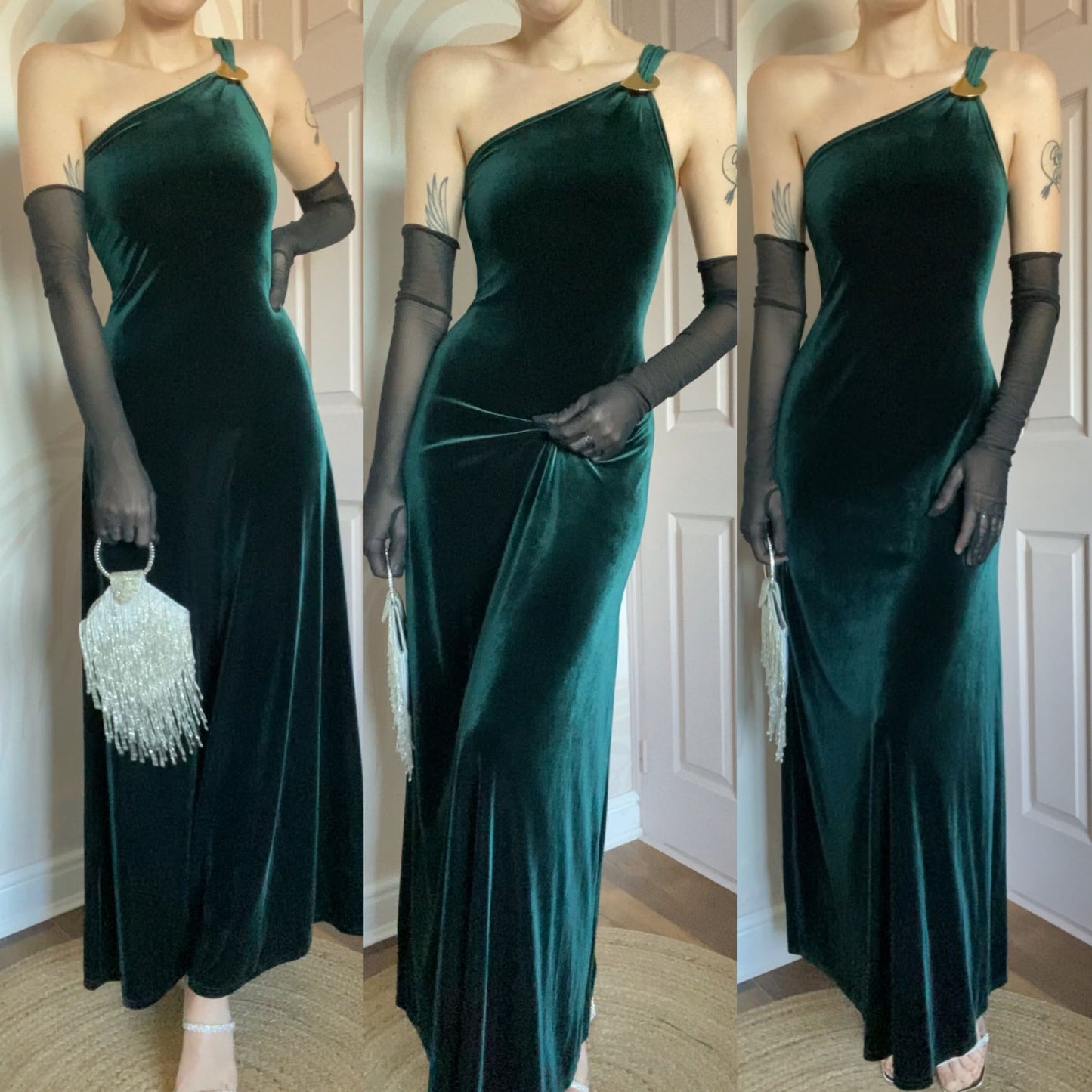 Gina Bacconi green velvet one shoulder evening dress UK 10