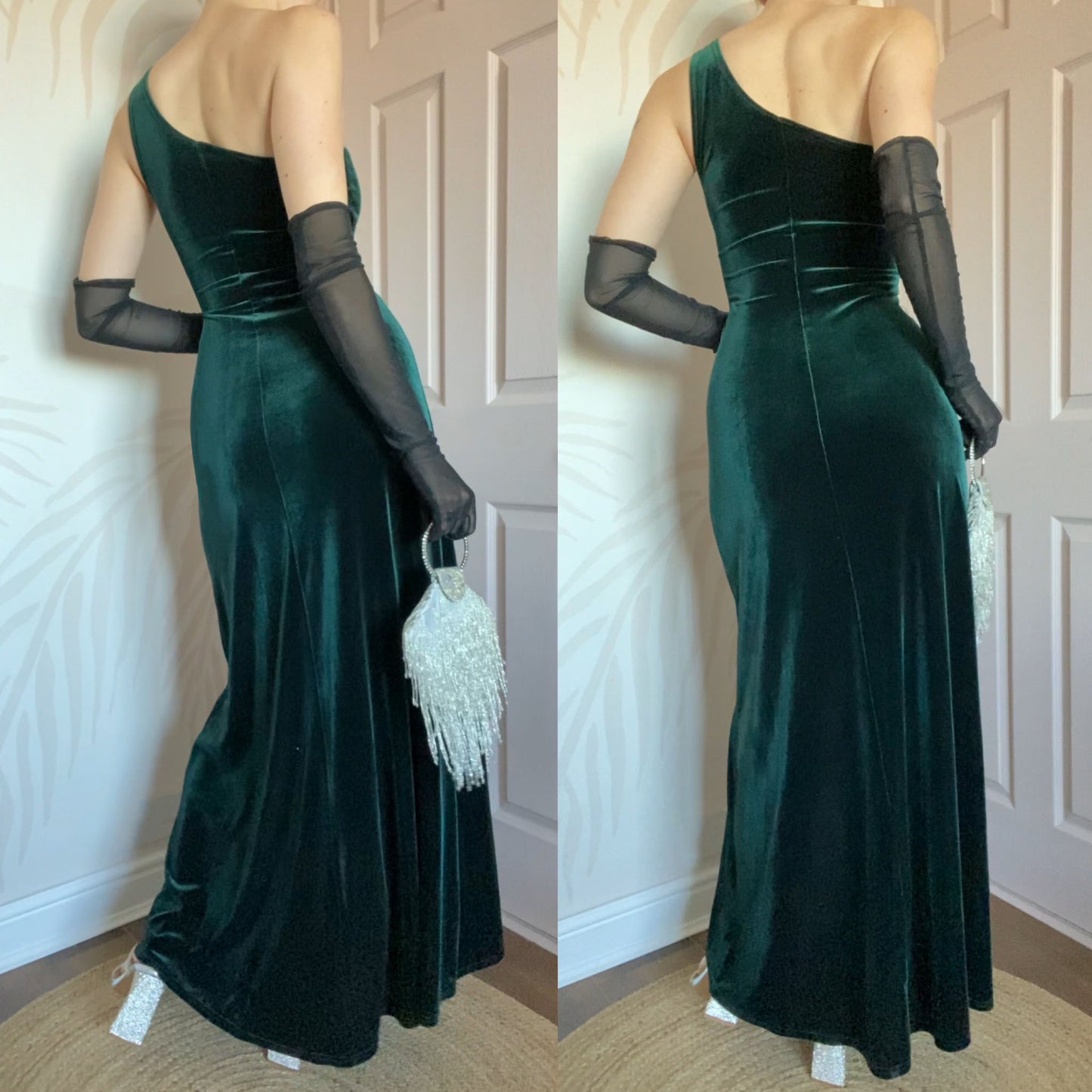 Gina Bacconi green velvet one shoulder evening dress UK 10