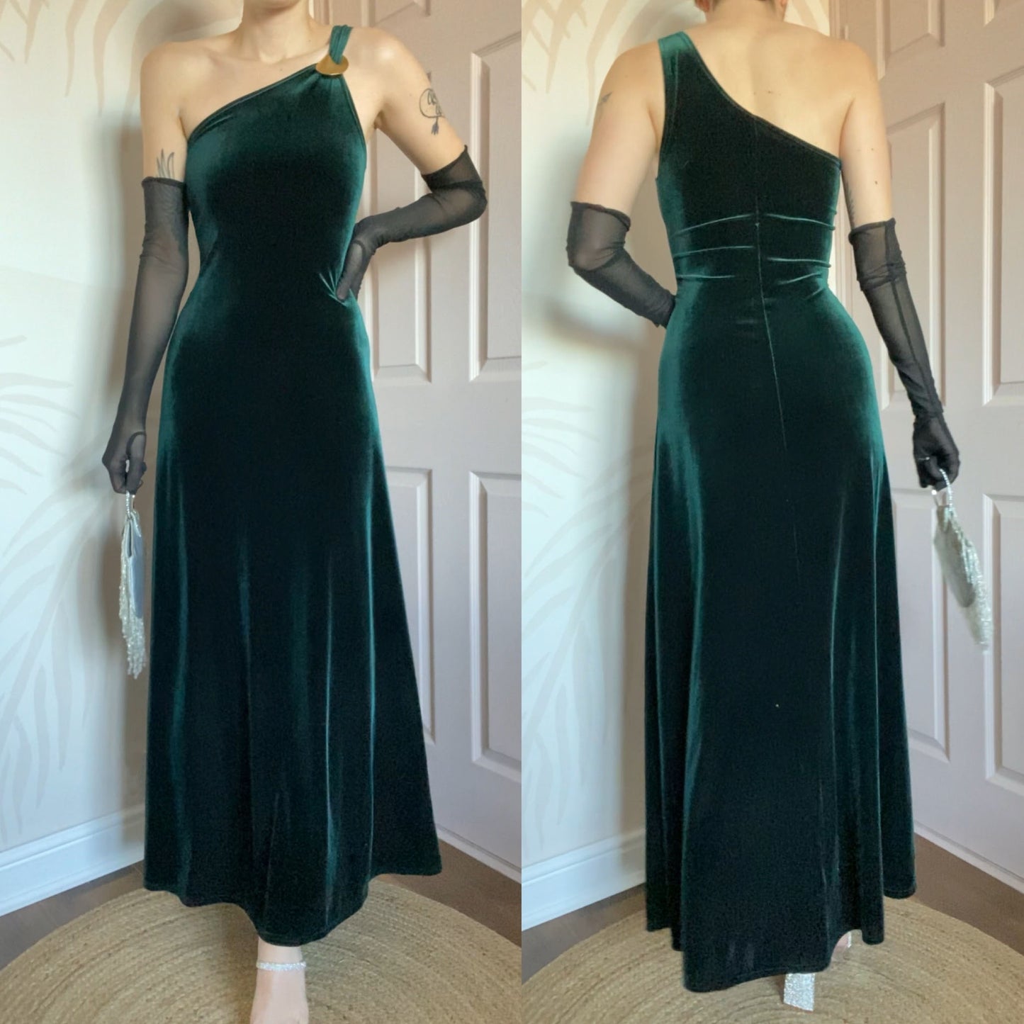 Gina Bacconi green velvet one shoulder evening dress UK 10