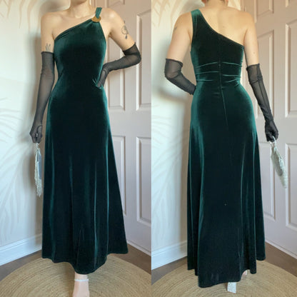 Gina Bacconi green velvet one shoulder evening dress UK 10