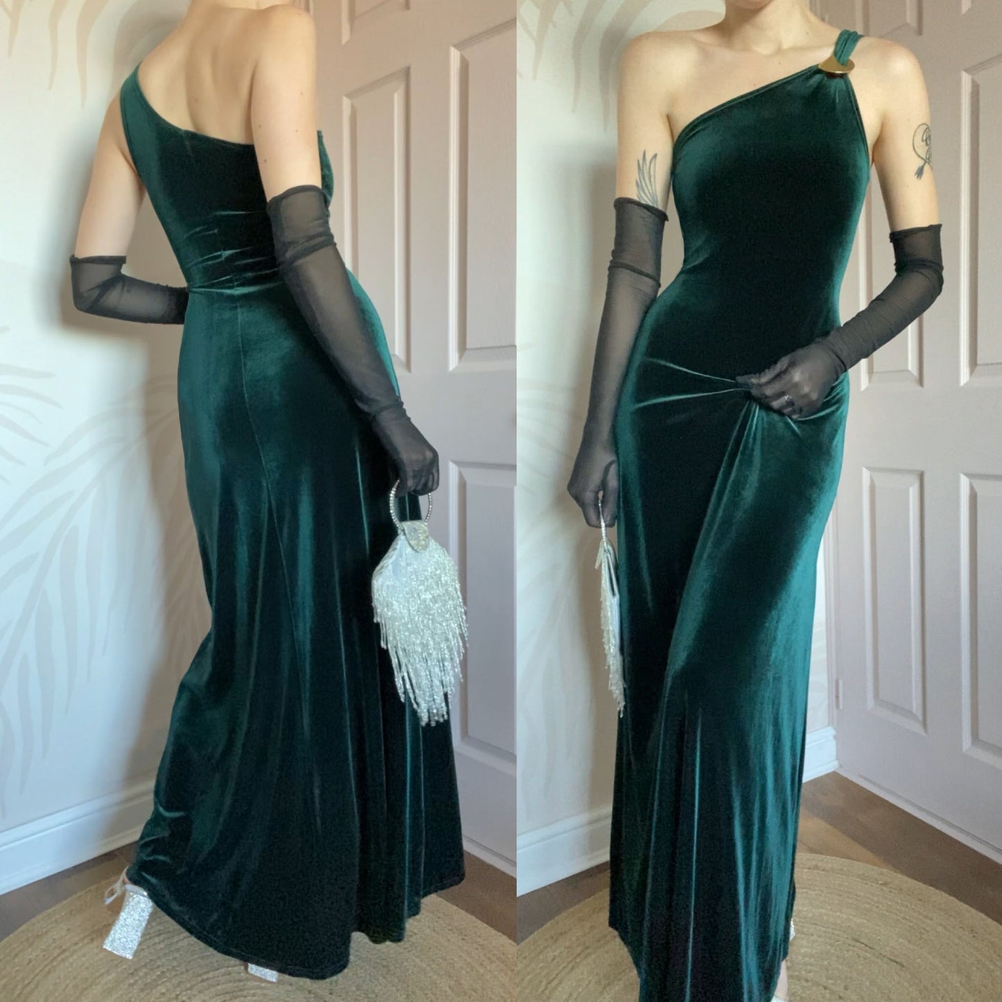 Gina Bacconi green velvet one shoulder evening dress UK 10