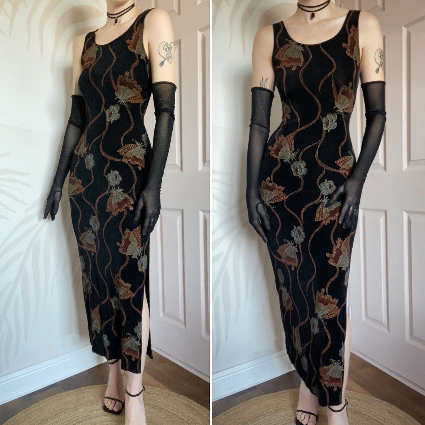 Black stretch butteryfly print y2k maxi dress UK 10/12