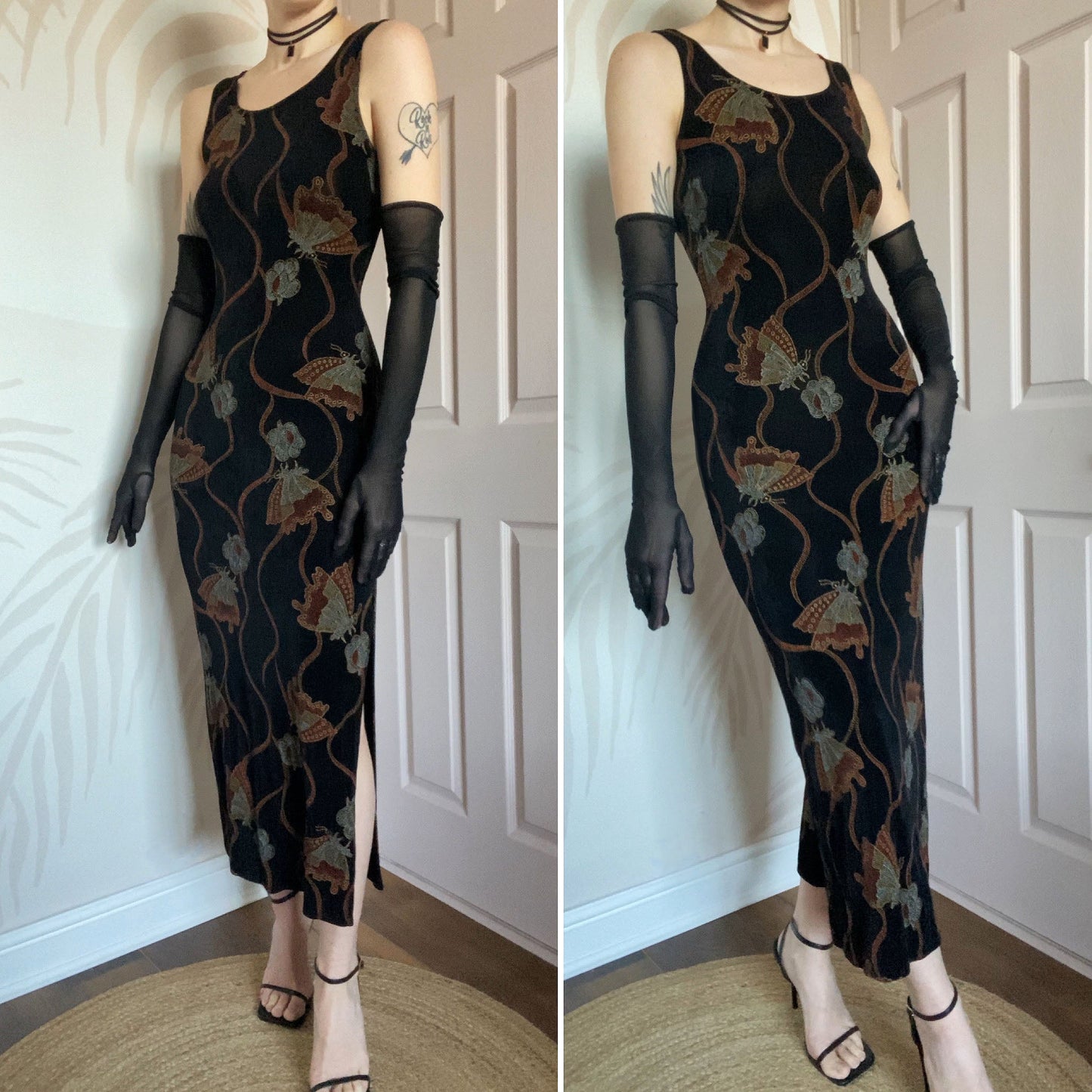 Black stretch butteryfly print y2k maxi dress UK 10/12