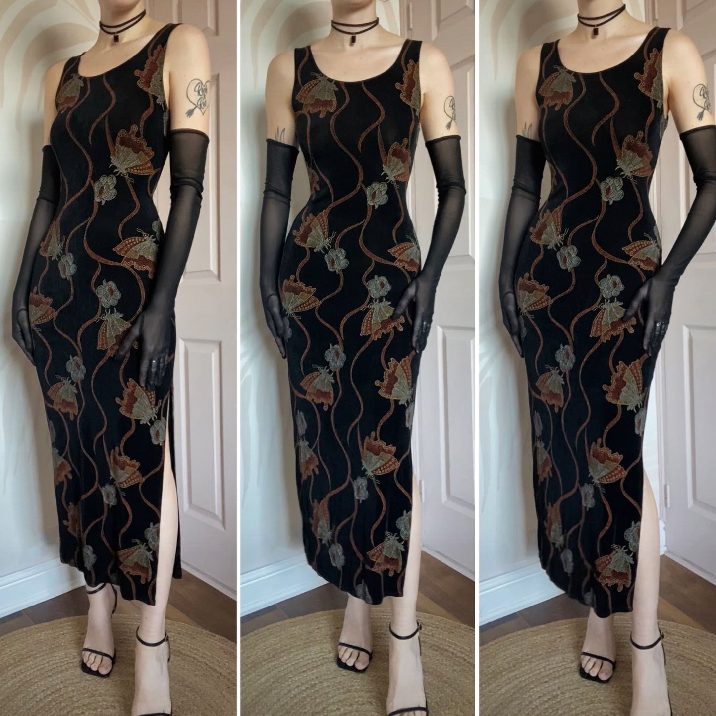Black stretch butteryfly print y2k maxi dress UK 10/12