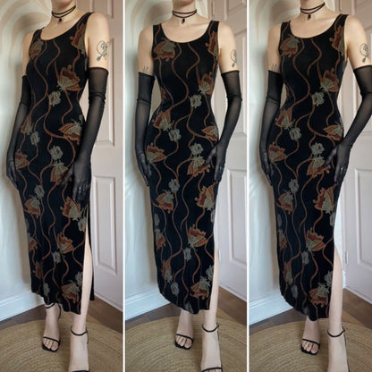 Black stretch butteryfly print y2k maxi dress UK 10/12
