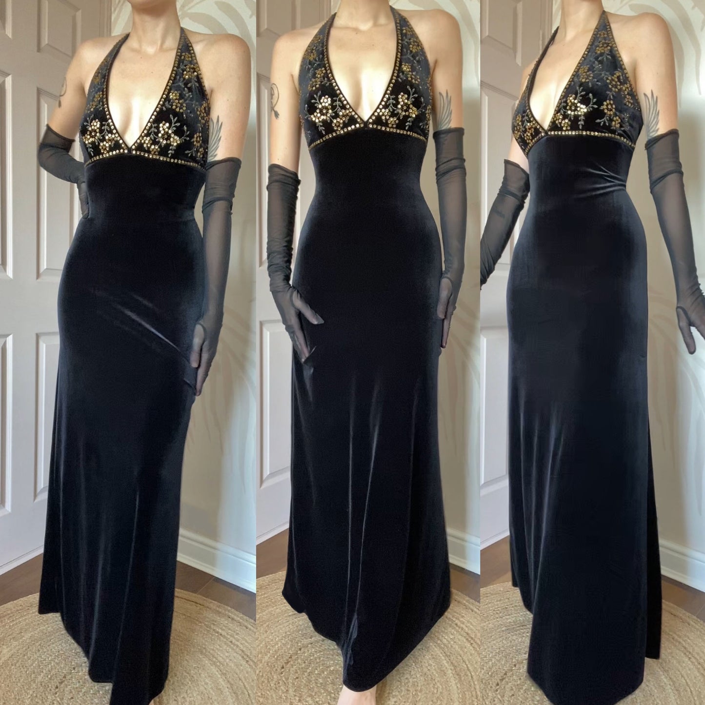 Black velvet halter neck sequin evening dress UK 10 & 12