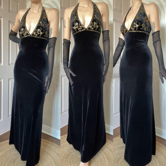 Black velvet halter neck sequin evening dress UK 10 & 12