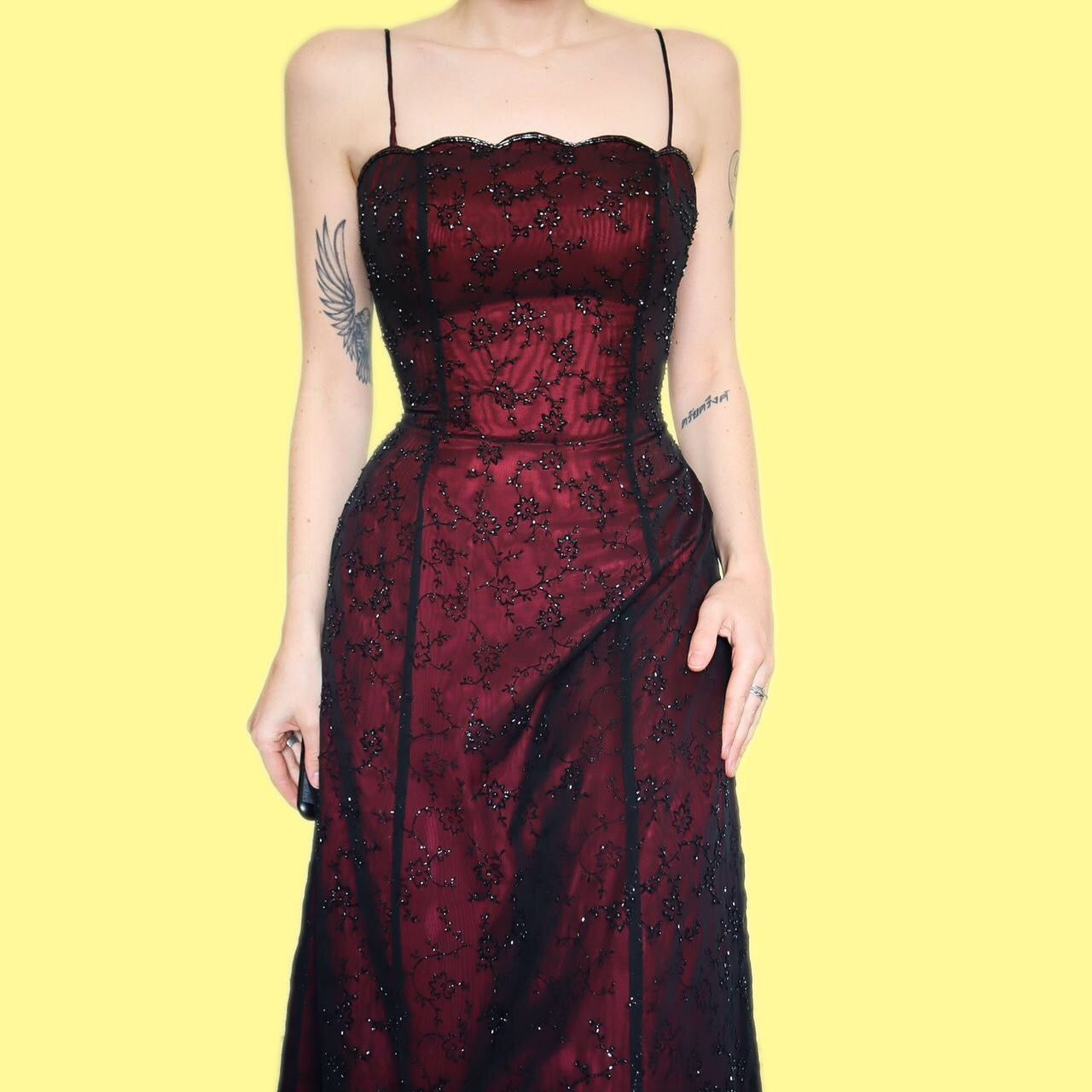 Red floral beaded a-line evening dress UK 8-10