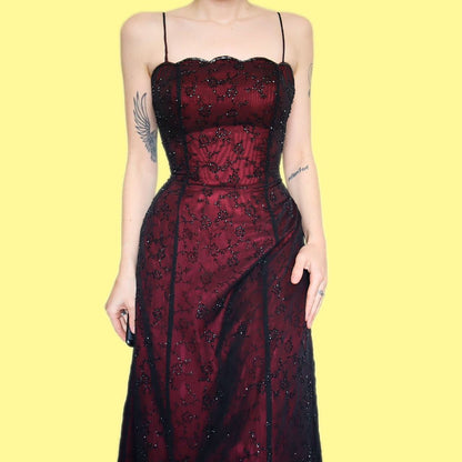 Red floral beaded a-line evening dress UK 8-10