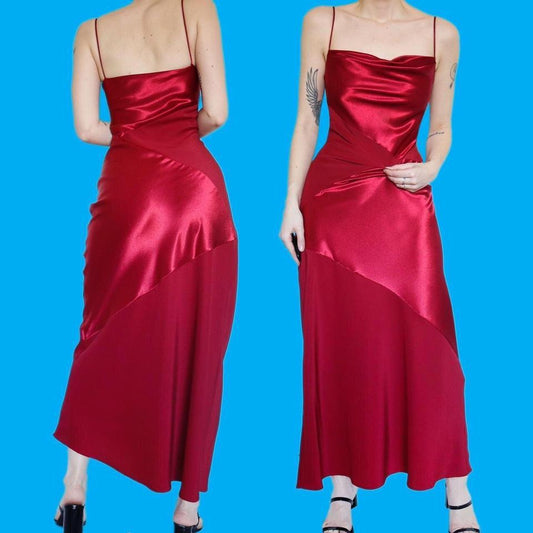 Red satin slip evening dress UK 14