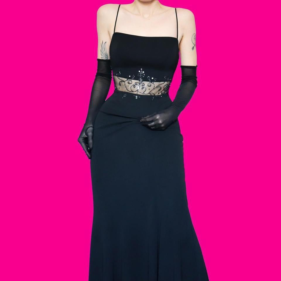 Black beaded sheer detail evening dress UK 14-16