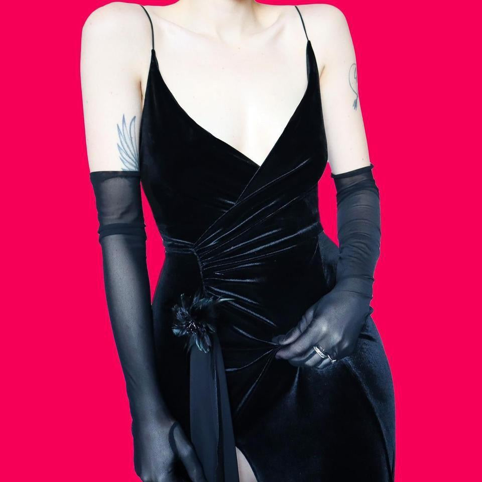 Black velvet stretch evening dress UK 14