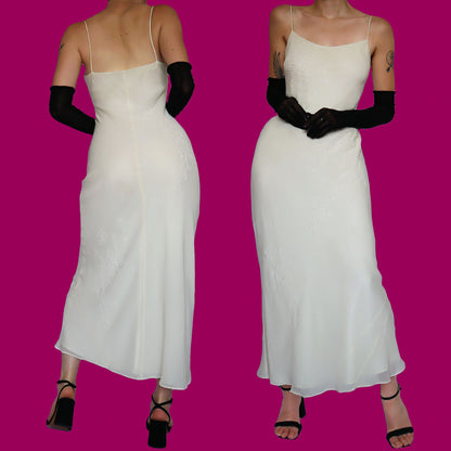 White 100% silk beaded evening dress UK 10
