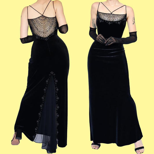 Black velvet beaded evening dress UK 14