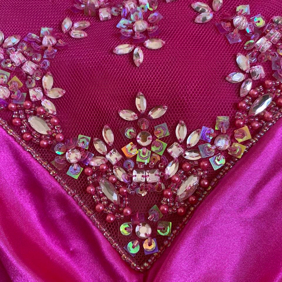 Bright pink satin halter-neck evening dress 12