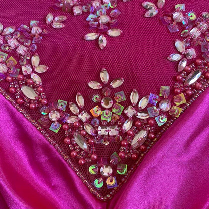 Bright pink satin halter-neck evening dress 12