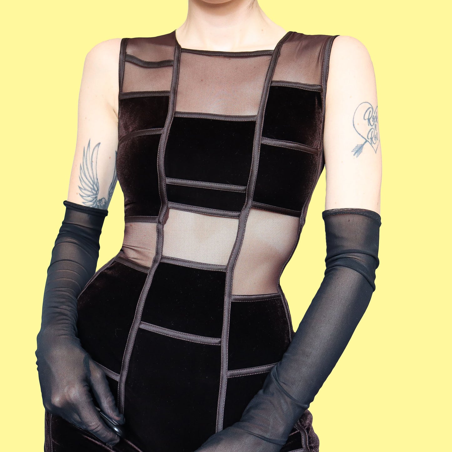 Tadashi brown velvet sheer cut out evening dress UK 10