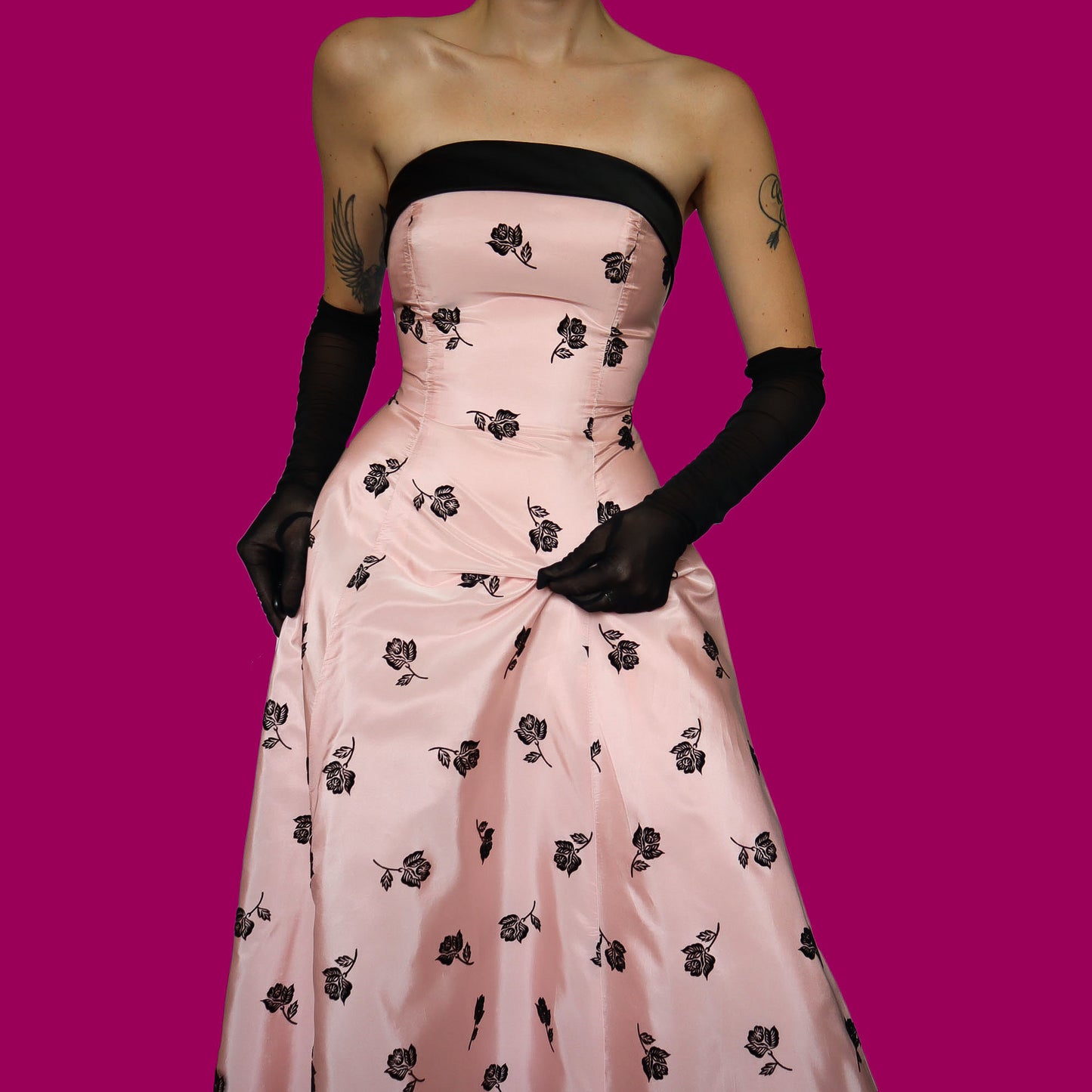 Baby pink Dave & Johnny floral strapless evening dress UK 12