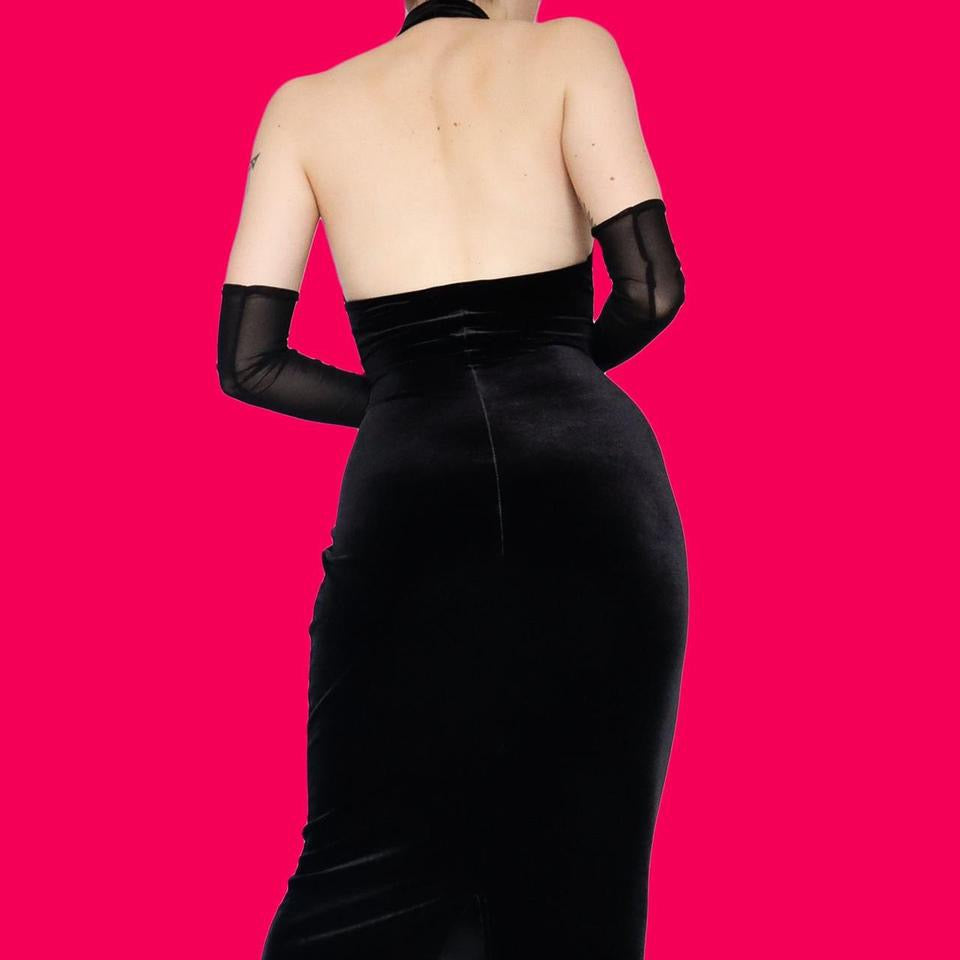 Black velvet high neck evening dress UK 10
