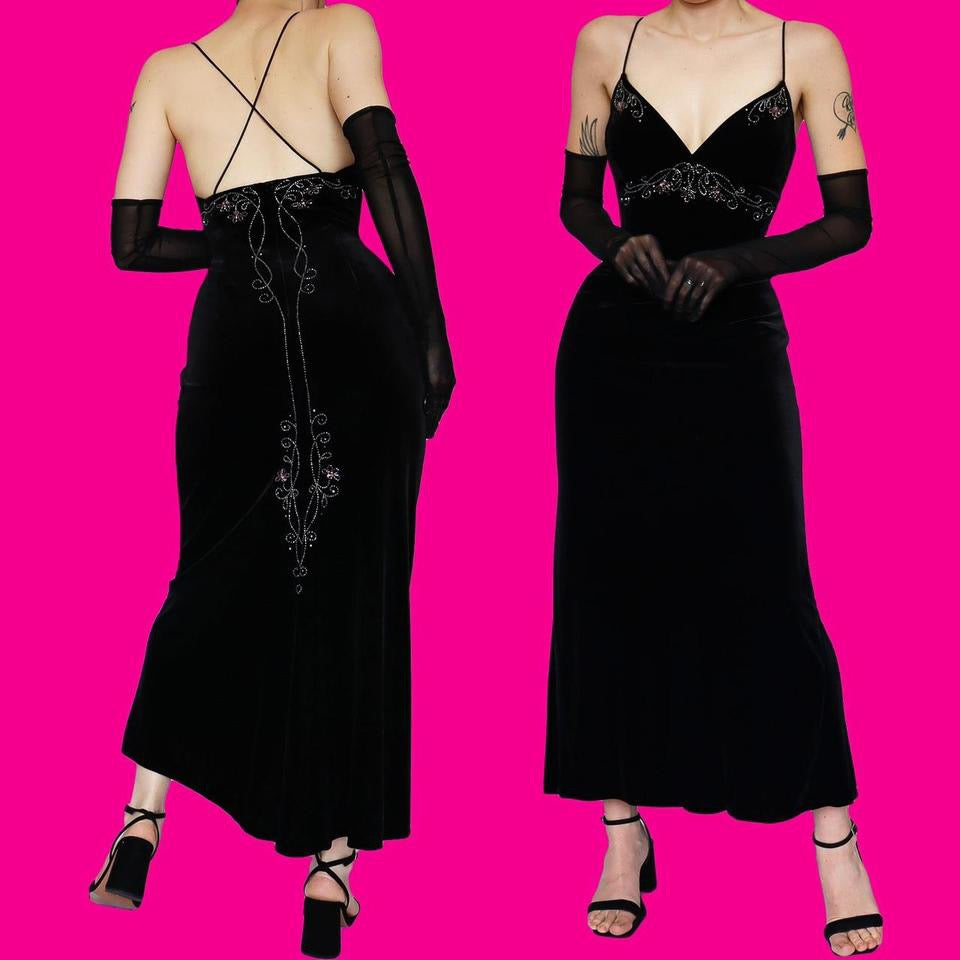 Black velvet beaded evening dress UK 12
