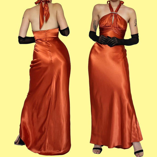 Orange satin halter neck evening dress UK 10