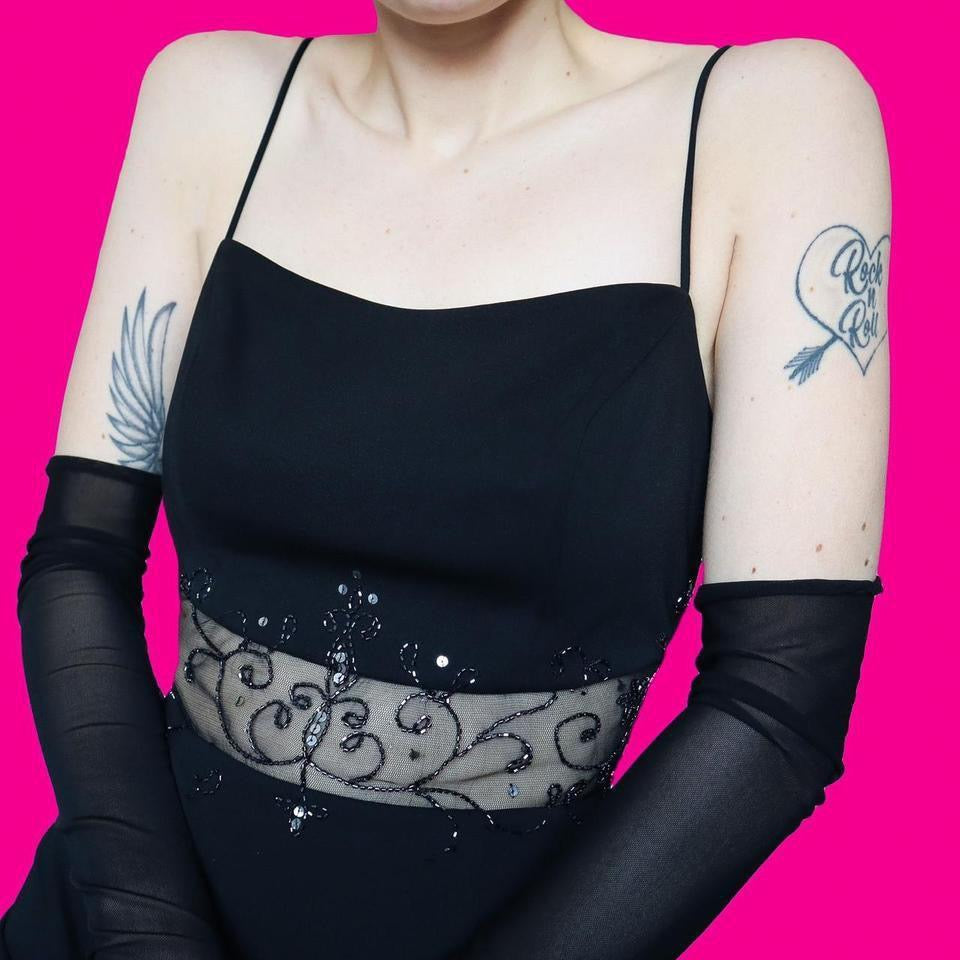 Black beaded sheer detail evening dress UK 14-16