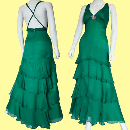 100% silk green layered evening dress UK 18