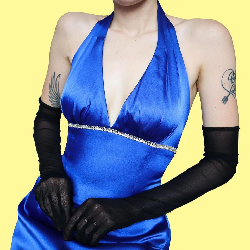 Blue satin diamanté open back evening dress UK 14