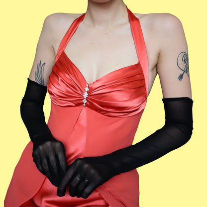 Orange satin halter neck evening dress UK 10