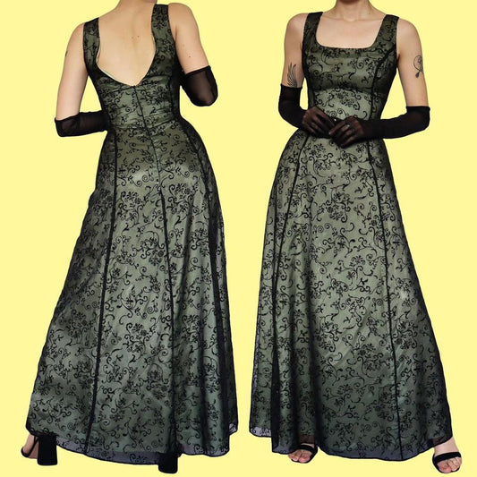 Green glittery floral a line evening dress UK 14