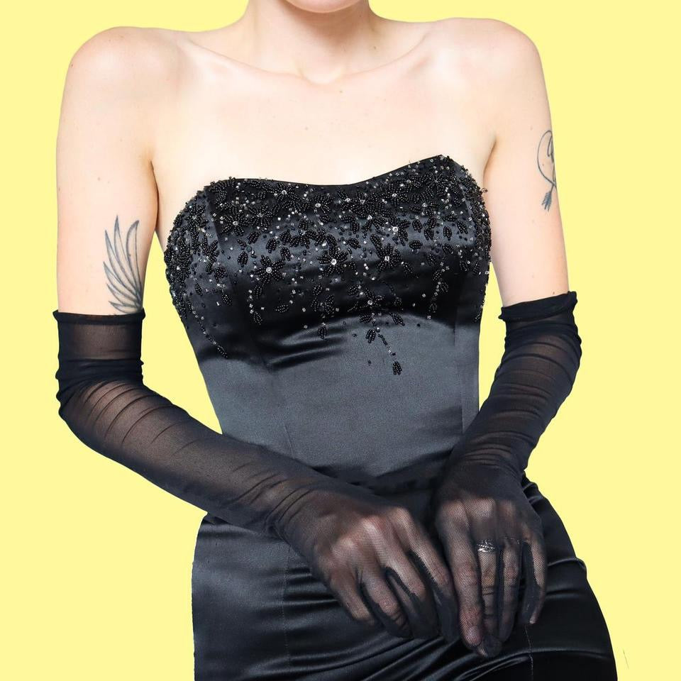 Black strapless fishtail evening dress UK S