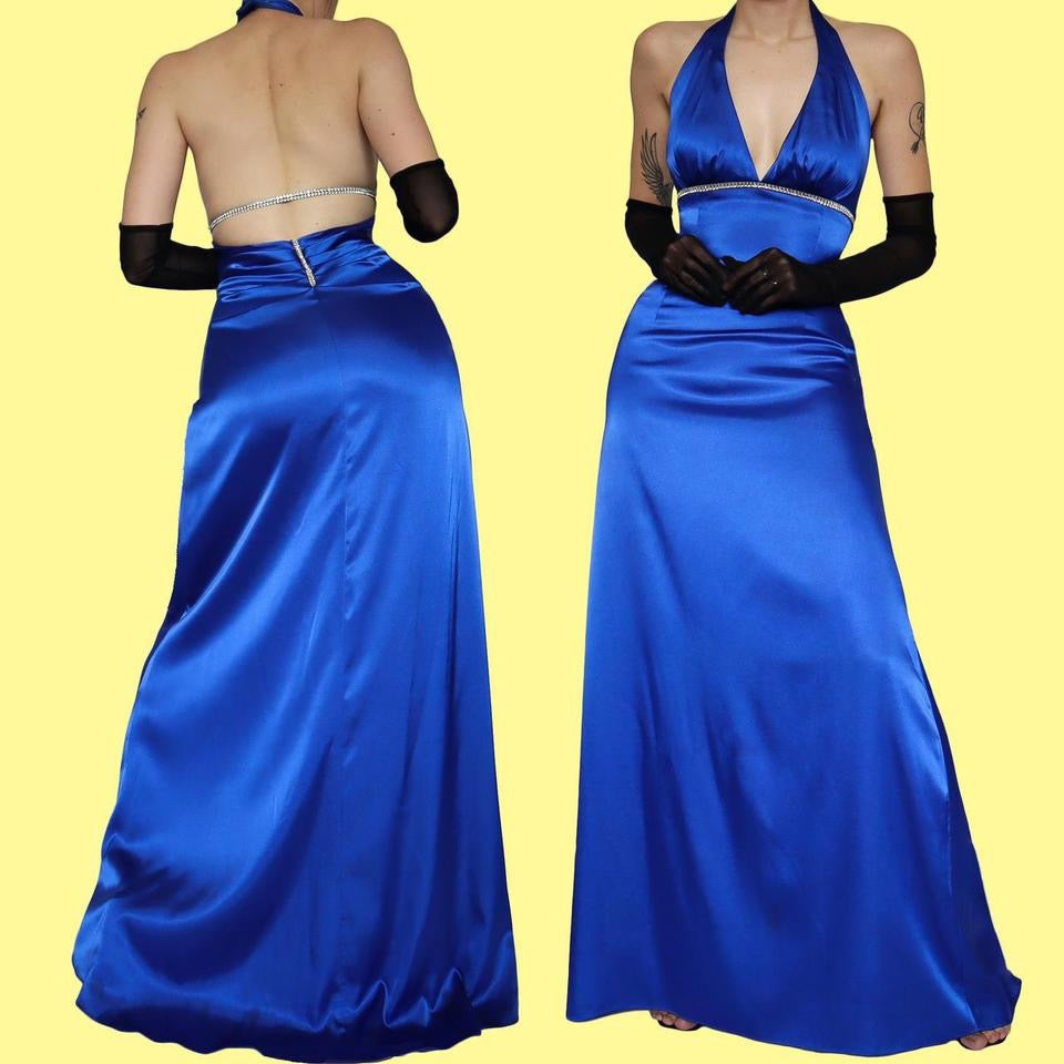 Blue satin diamanté open back evening dress UK 14