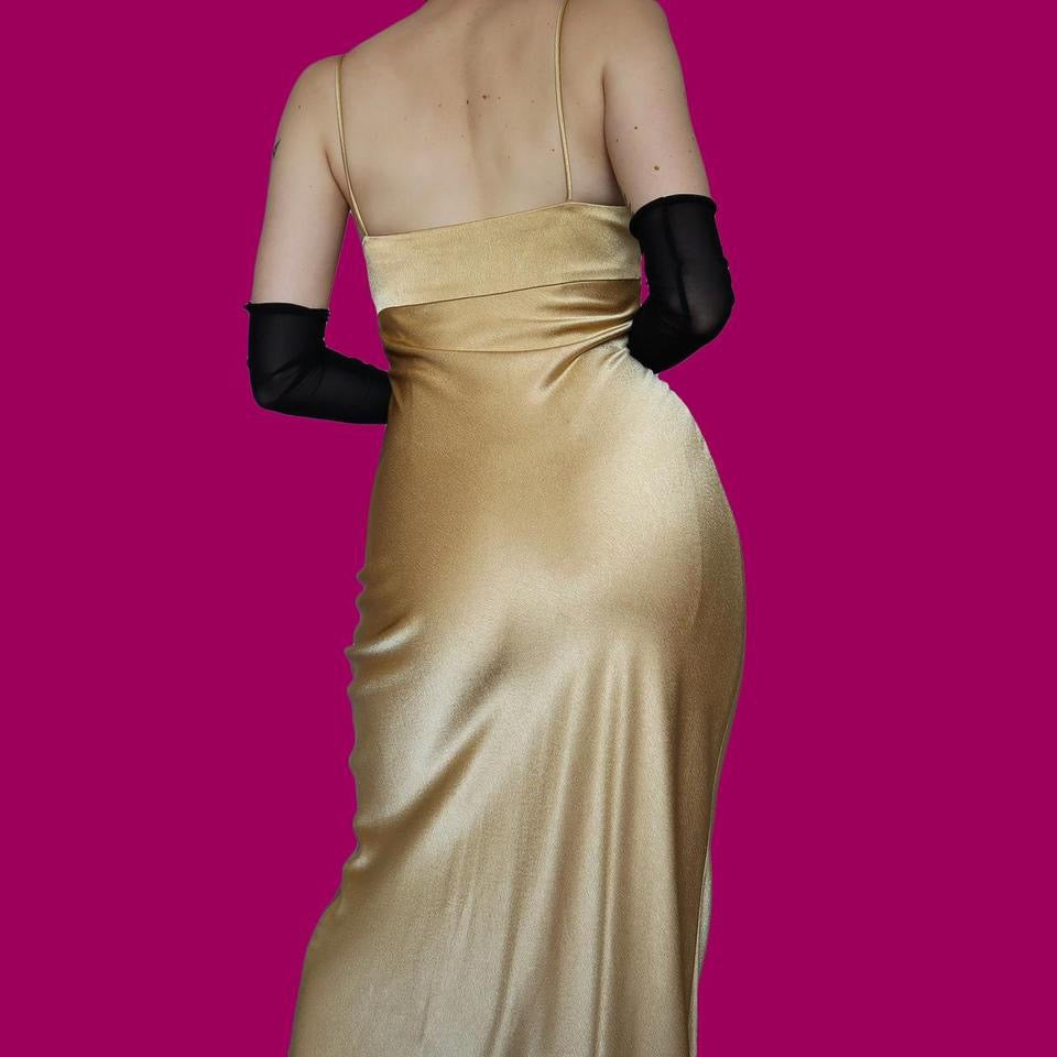 Silky gold sequin evening dress UK 14