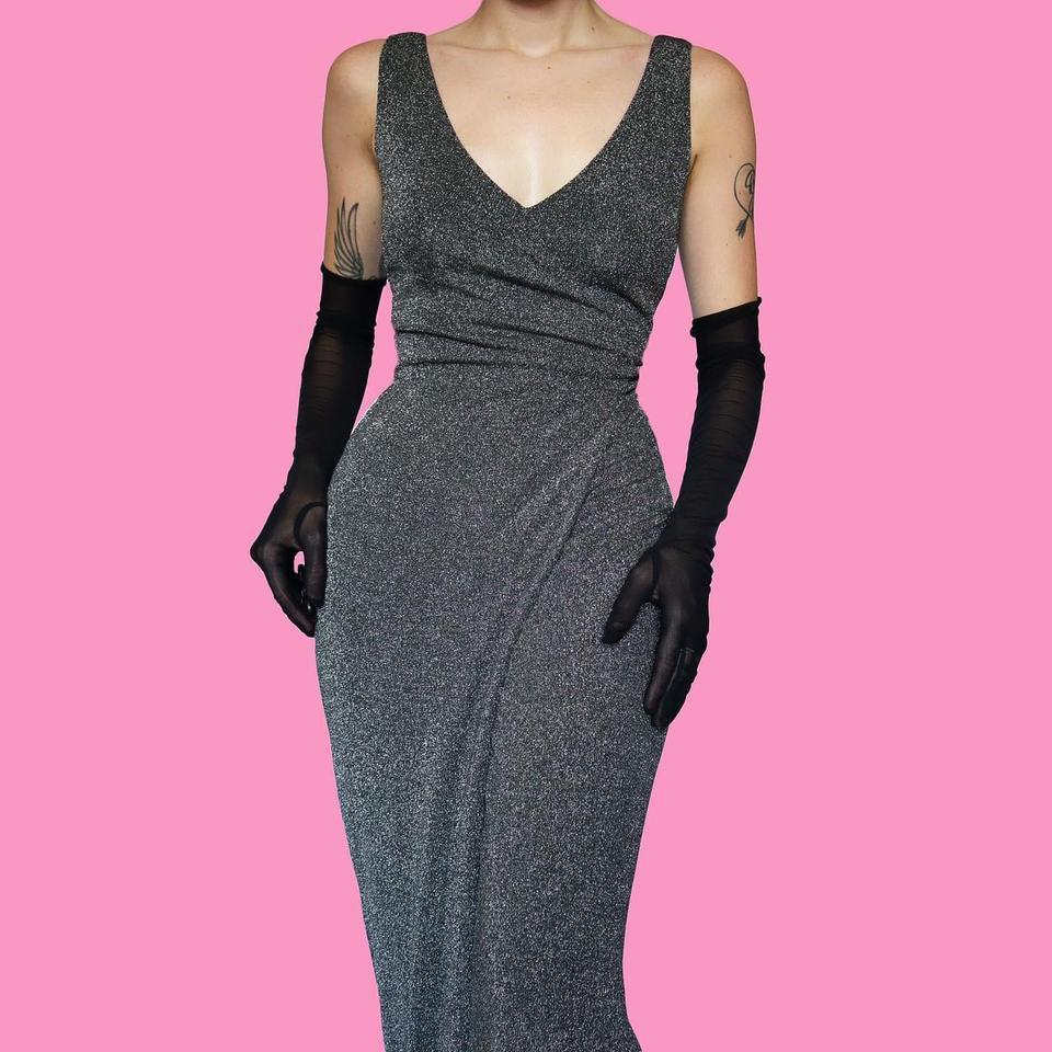 Silver Frank Usher stretch wrap evening dress UK 10-12