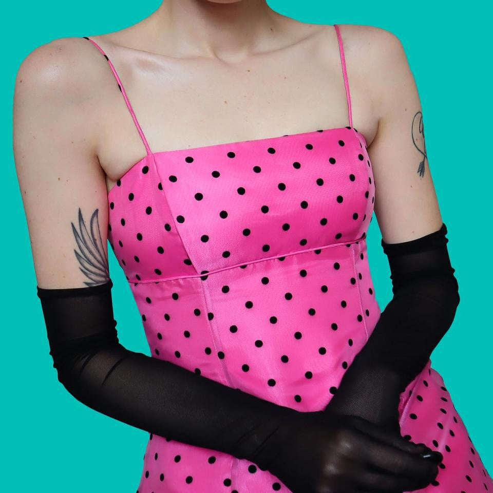 Bright pink polka dot a line evening dress UK 10