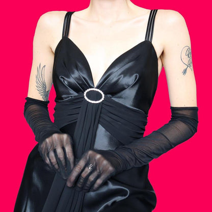 Black satin open back evening dress UK 12