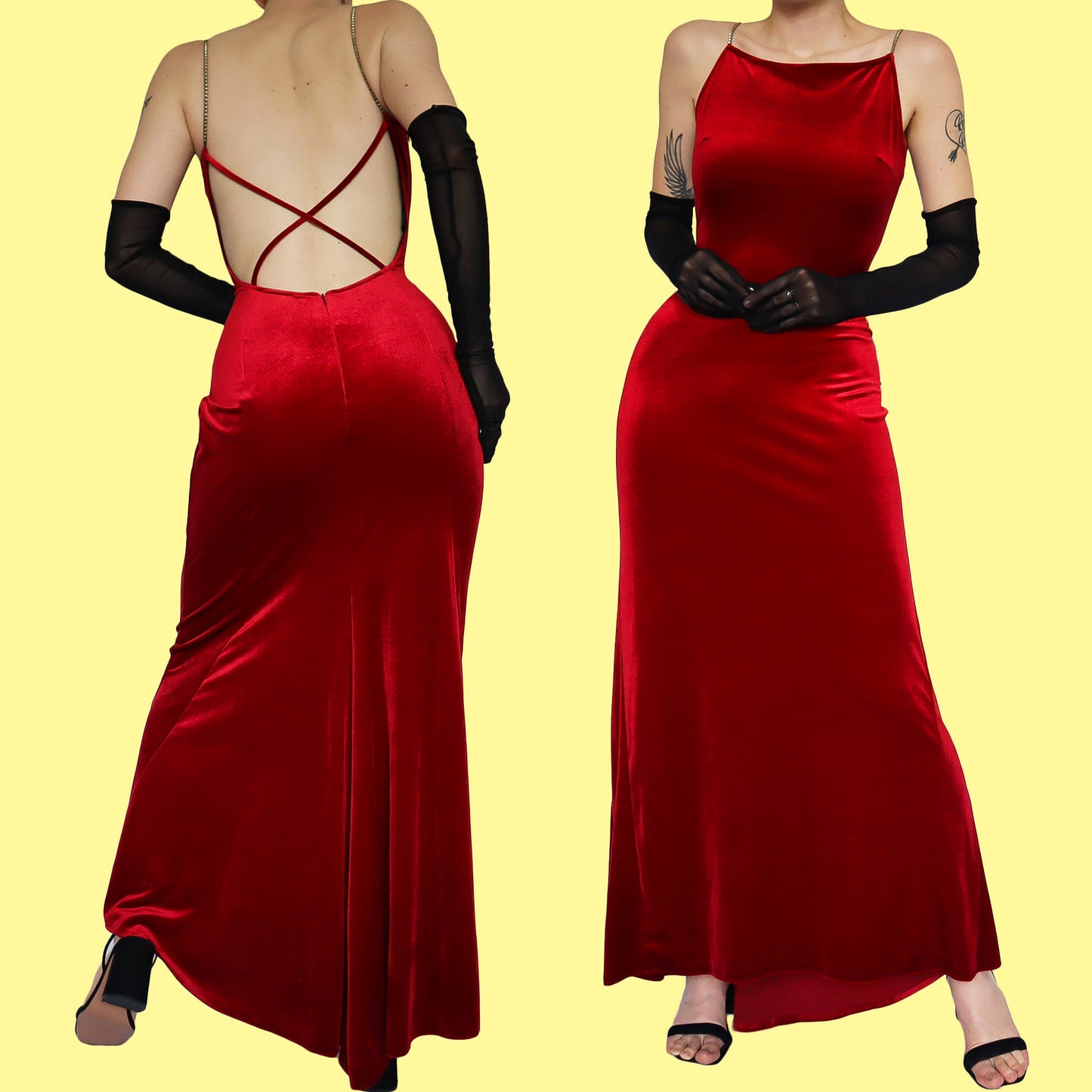 Red velvet open back evening dress UK 12