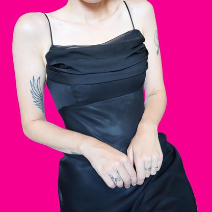 Black chiffon evening dress with trail UK 18