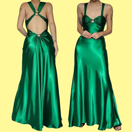 Green satin diamanté evening dress UK 8