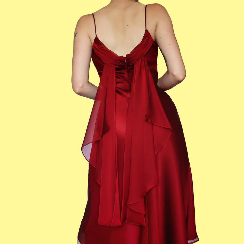 Red chiffon midi dress with shawl UK 12