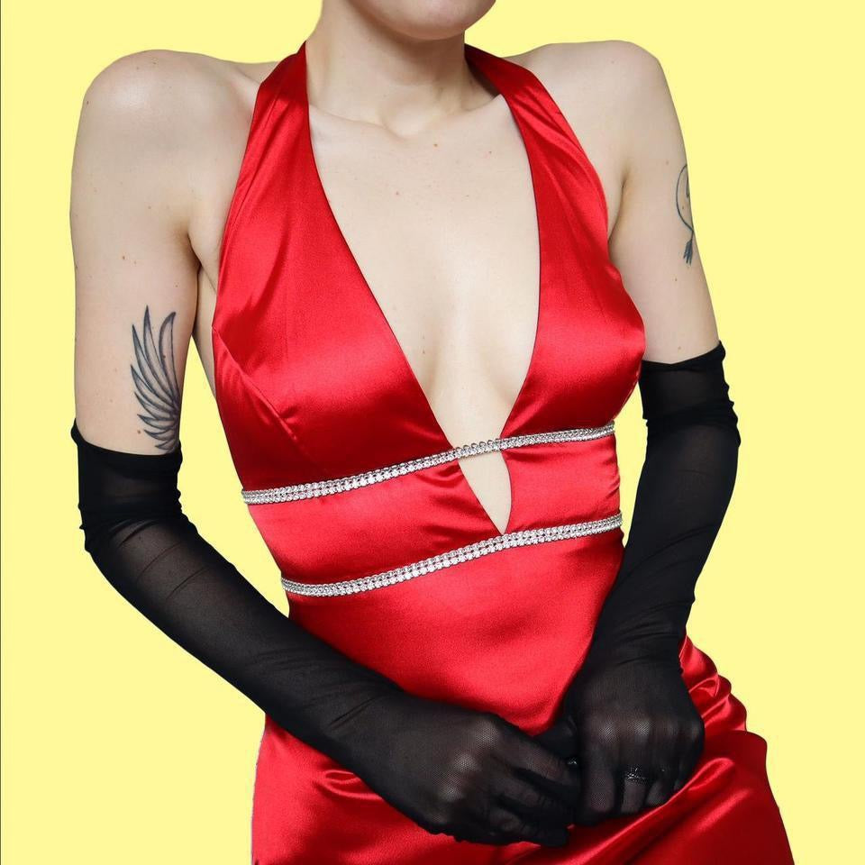 Red satin diamanté evening dress UK 8-10