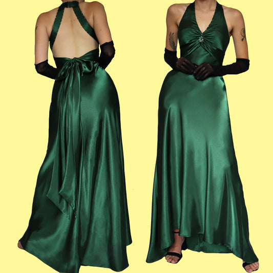 Green satin open back evening dress UK 10