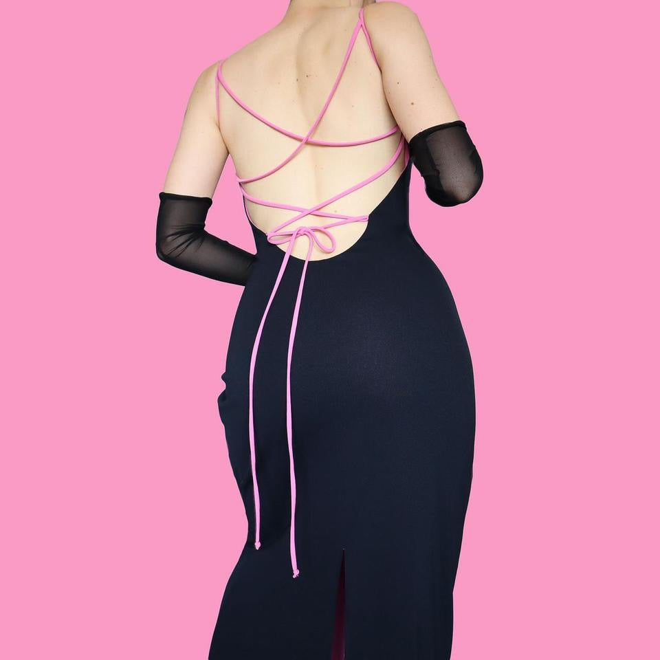 Navy with pink lining & lacing evening dress UK 14